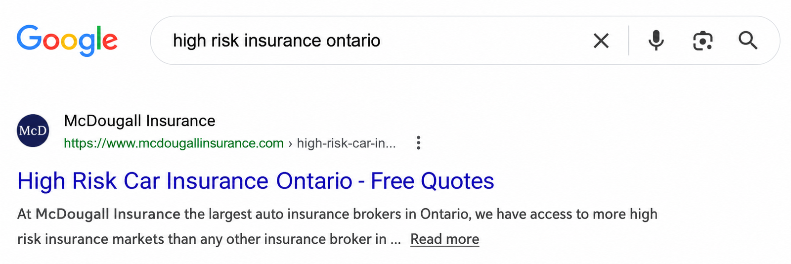 McDougall Insurance ranking first on Google for high risk insurance Ontario
