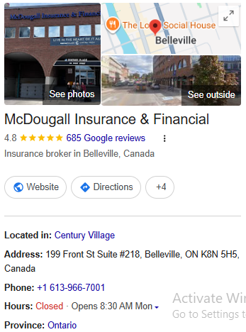 Google Business Profile for McDougall Insurance showing photos, 4.8 stars and 685 reviews