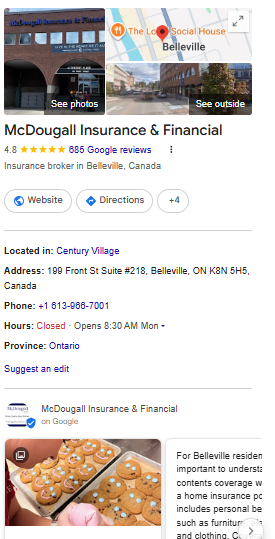 Google Business Profile panel for McDougall Insurance showing map, photos and reviews