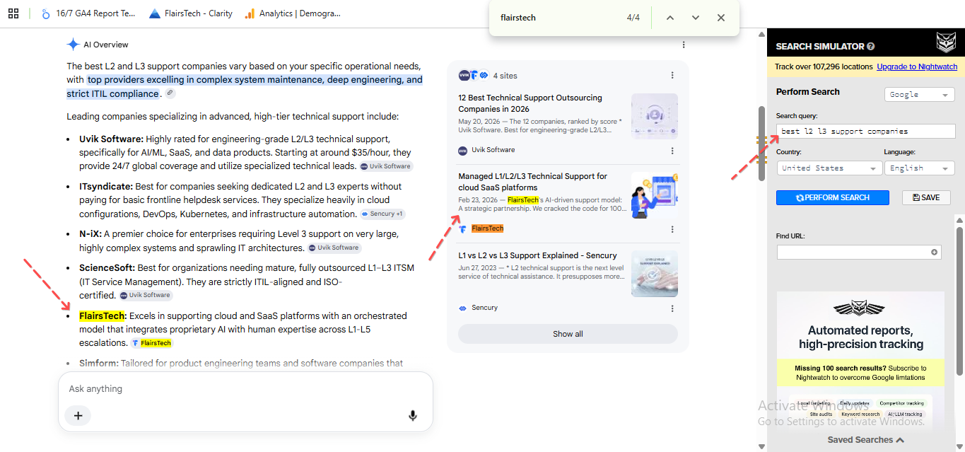 Google AI Overview naming FlairsTech among best L2/L3 support companies