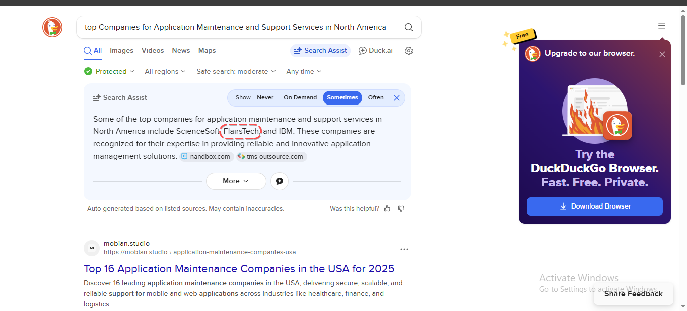 DuckDuckGo AI summary naming FlairsTech among top application maintenance companies